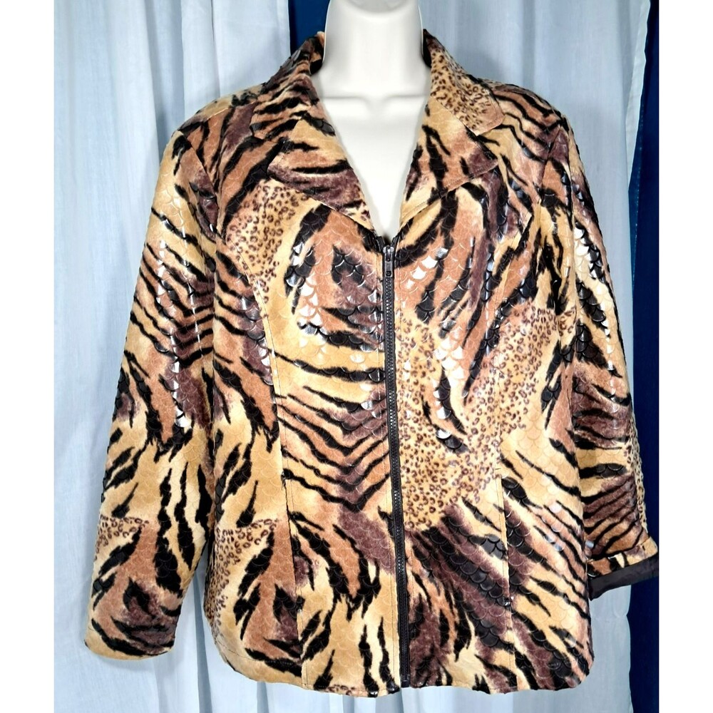 Selene Sport Tiger Leopard  Animal Print Zip Jacket Textured Long Sleeve 16